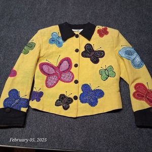 Vintage Anage Butterfly Beaded Embroidered Yellow Jacket Women Size Small Yellow